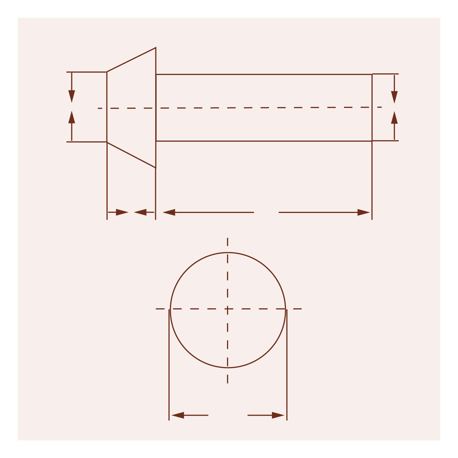 Grafika przedstawia nit z łbem trapezowym. Na prostym trzpieniu osadzony jest płaski łeb, który rozszerza się w stronę trzpienia.