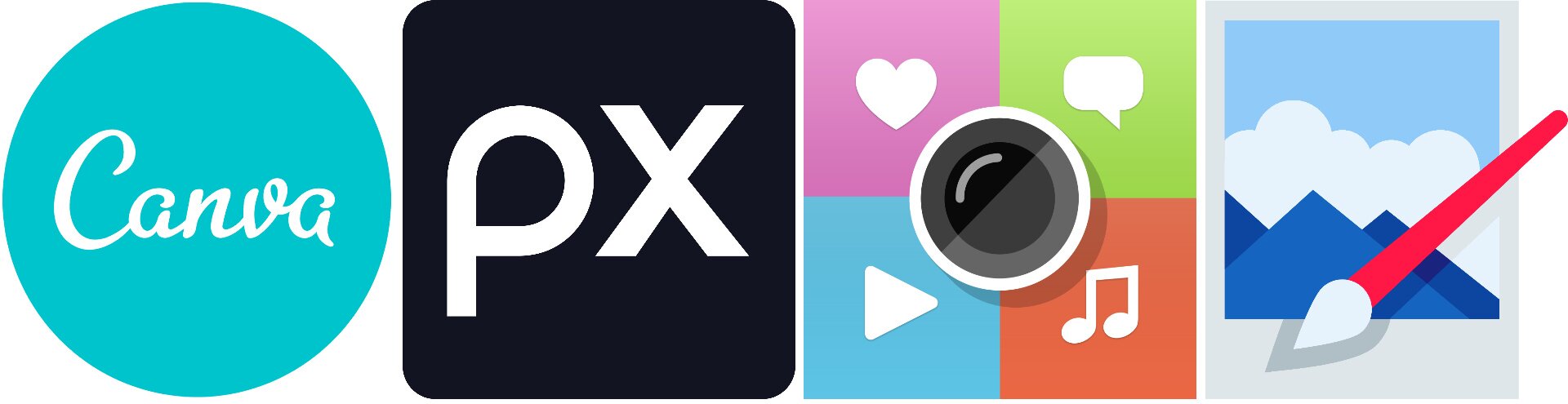 Ilustracja przedstawia ułożone obok siebie logo aplikacji graficznych. Od lewej jest to: Canva, Pixabay, ThingLink oraz PaintNET. Pierwsze logo to niebieskie koło, na którym białą czcionką napisano Canva. Następne logo to czarny kwadrat, na którym białą czcionką napisano litery p x. Następne logo to kwadrat, podzielony na cztery pola - różowe z sercem, zielone z dymkiem tekstu, niebieskie z ikonką "play" oraz pomarańczowe z nutą. W środku znajduje się okrągły obiektyw aparatu. Ostatnie logo przedstawia góry i chmury, a na nich pędzel malarski.
