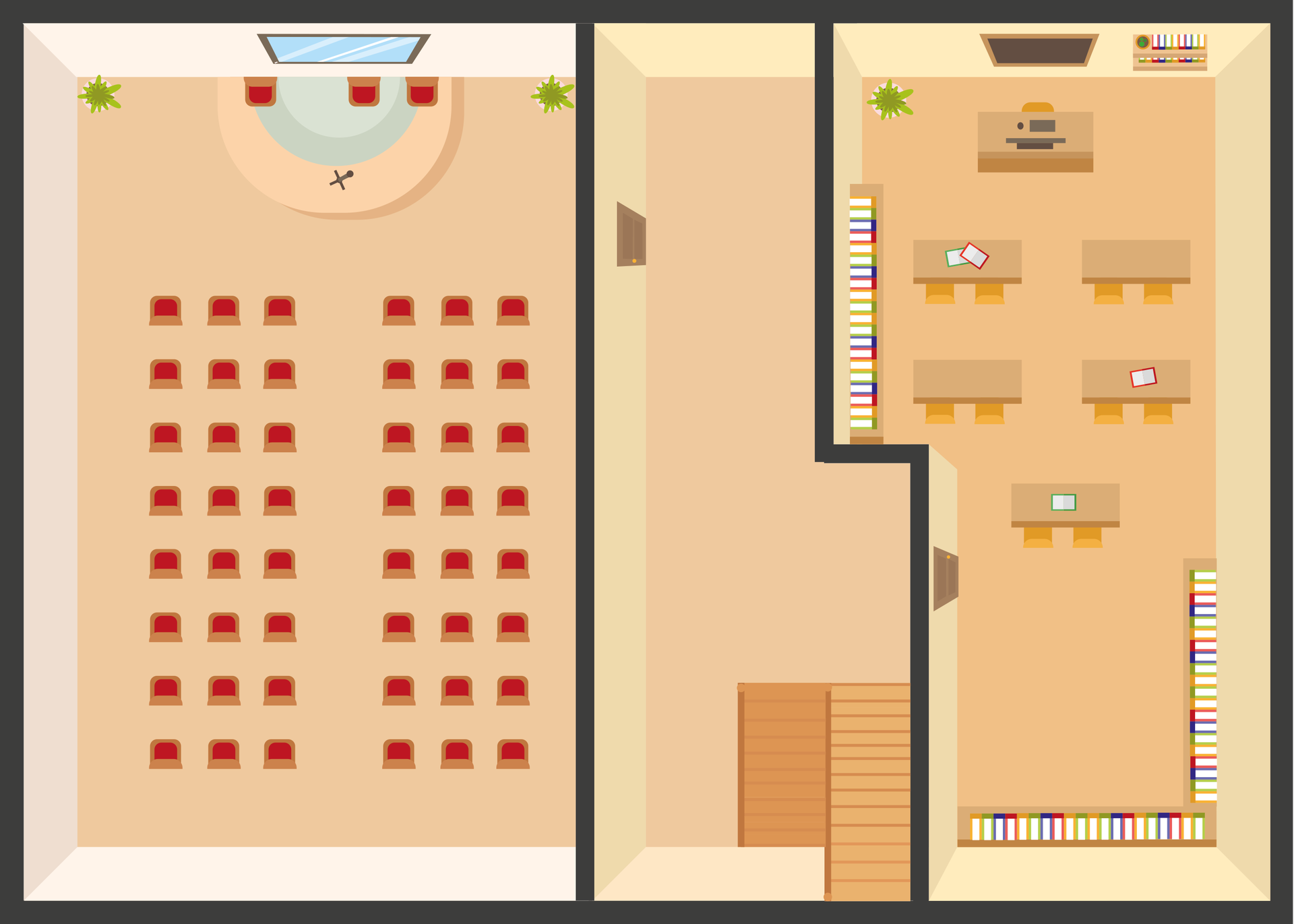   2. Stock  Ilustracja przedstawia dużą salę lekcyjną korytarz i aulę.