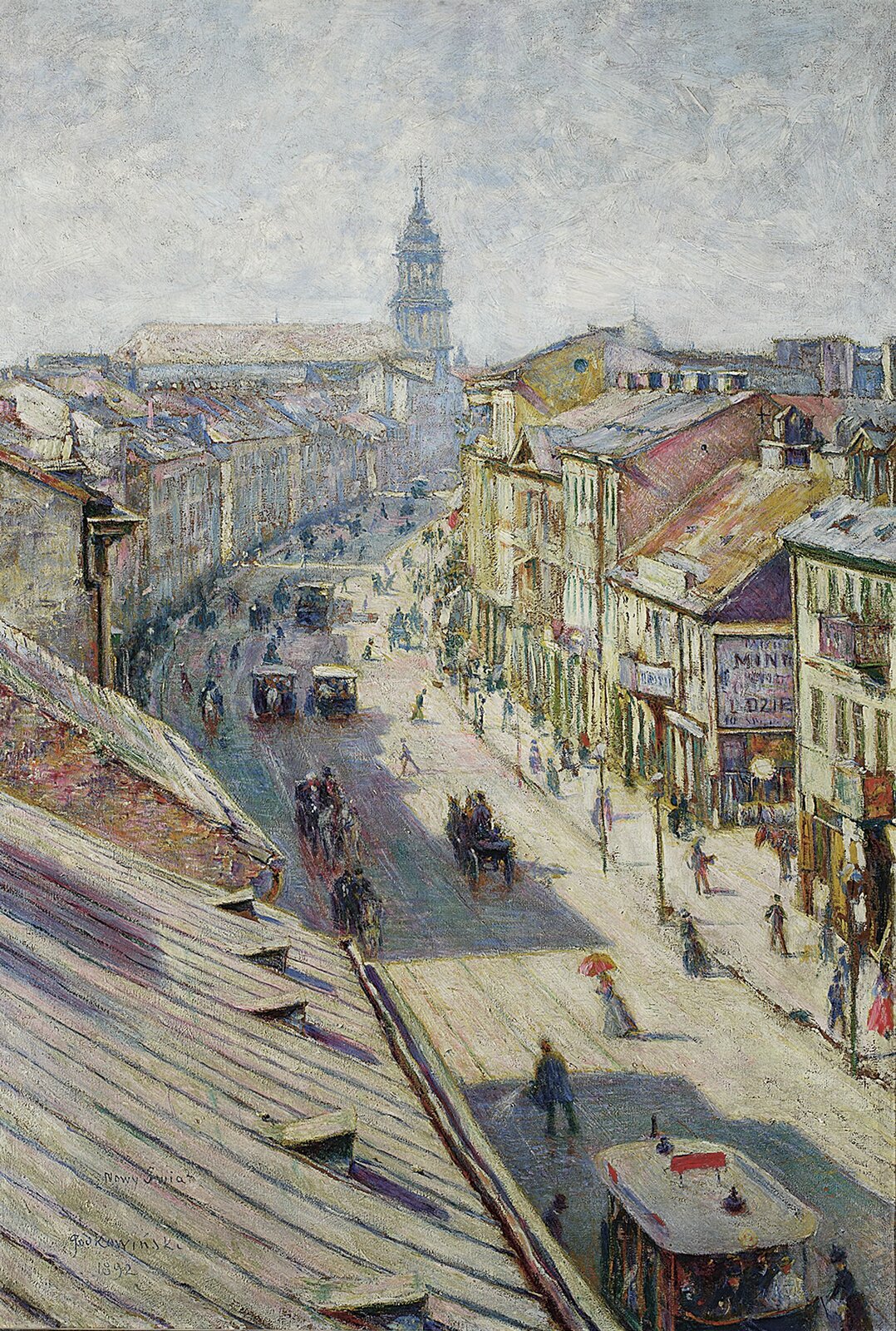 Kliknij, aby powiększyć. Obraz przedstawia widok z dachu na ulicę. Wzdłuż ulicy znajdują się kamienice. Ulicą jeżdżą powozy, a na chodnikach spacerują ludzie. Na pierwszym planie widoczne są dachy kamienic. Ulica ciągnie się z prawego, dolnego rogu obrazu w jego głąb. W oddali niewyraźna sylwetka wieży kościoła.