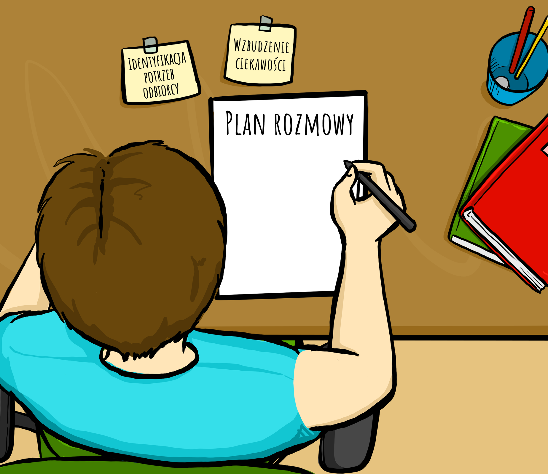 Ilustracja przedstawia osobę zapisującą na kartce plan rozmowy. Nad kartką z planem znajdują się dwie karteczki z napisami. Identyfikacja potrzeb odbiorcy oraz wzbudzenie ciekawości.