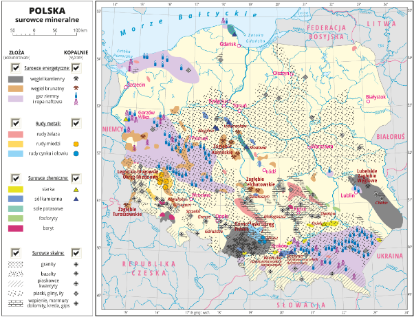 Ilustracja przedstawia mapę Polski. Jest ona podzielona na dwie części. Na prawej  zaznaczone jest występowanie i wydobycie zasobów mineralnych w Polsce , natomiast lewa strona zawiera legendę opisującą złoża oraz kopalnie.