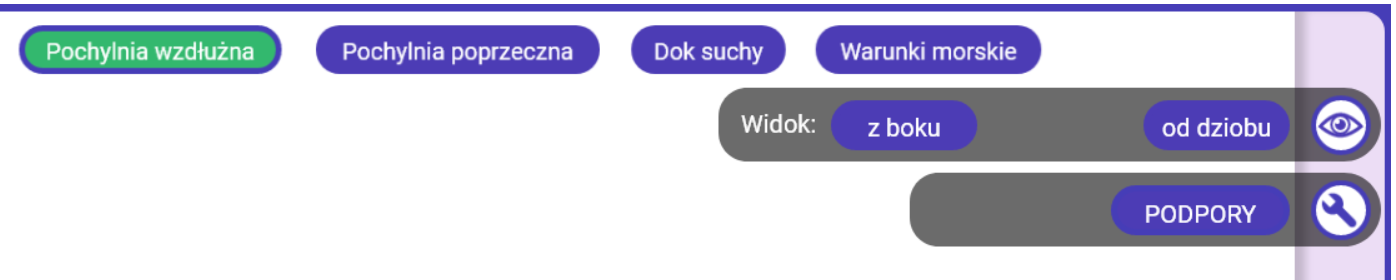 Grafika przedstawia widok na przyciski funkcyjne symulatora. W górnej części znajdują się cztery przyciski: pochylnia wzdłużna, pochylnia poprzeczna, suchy dok i warunki morskie. Kliknięty jest pierwszy z nich. Po prawej stronie symulatora widać dwa przyciski. Przycisk z obrazkiem oka pozwala na wybór widoku na statek, tu do wyboru jest widok od boku i od góry. Przycisk z obrazem klucza francuskiego pozwala na wybór rozmieszczenia podpór lub ładunku. W tym wypadku są to podpory.