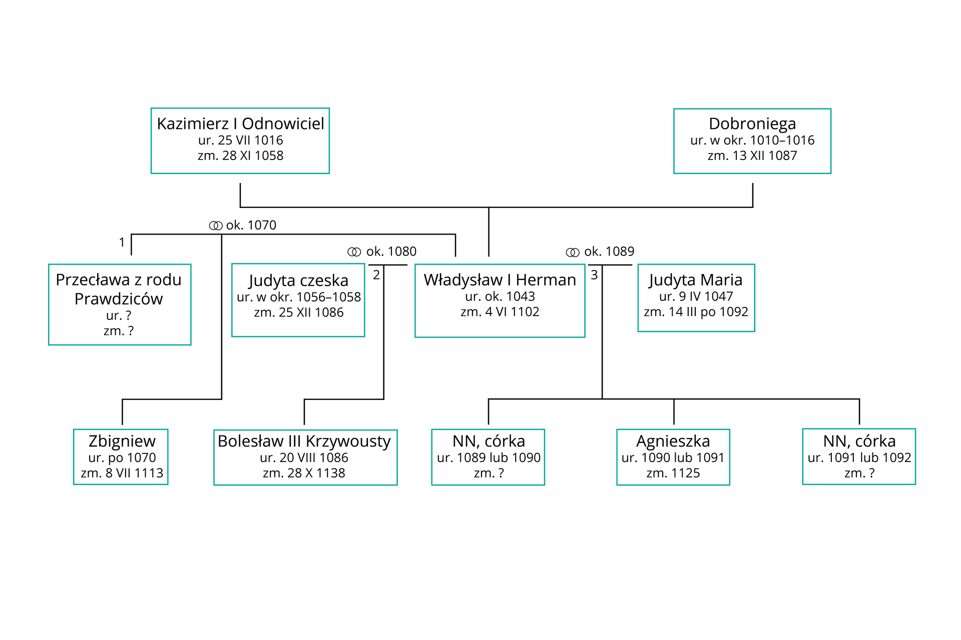 Ilustracja przedstawia fragment drzewa genealogicznego dynastii Piastów. Kazimierz I Odnowiciel (ur. 25 VII 1016, zm. 28 XI 1058) wraz z Dobroniegą (ur. W okr. 1010‑1016, zm. 13 XII 1087) spłodzili Władysława I Hermana. Z Przecławą z rodu Prawdziców zawarli związek małżeński ok. 1070 roku i spłodzili syna Zbigniewa (ur. Po 1070, zm. 8 VII 1113). Z Judytą Czeską (ur. W okr. 1056‑1058, zm. 25 XII 1086) zawarli związek małżeński ok. 1080 roku i spłodzili Bolesława III Krzywoustego (ur. 20 VIII 1086, zm. 28 X 1138). Z Judytą Marią (ur. 9 IV 1047, zm. 14 III po 1092) zawarli związek małżeński ok. 1089 roku i spłodzili: córkę NN (ur. 1089 lub 1090), Agnieszkę (ur. 1090 lub 1091, zm. 1125), córkę NN (ur. 1091 lub 1092).