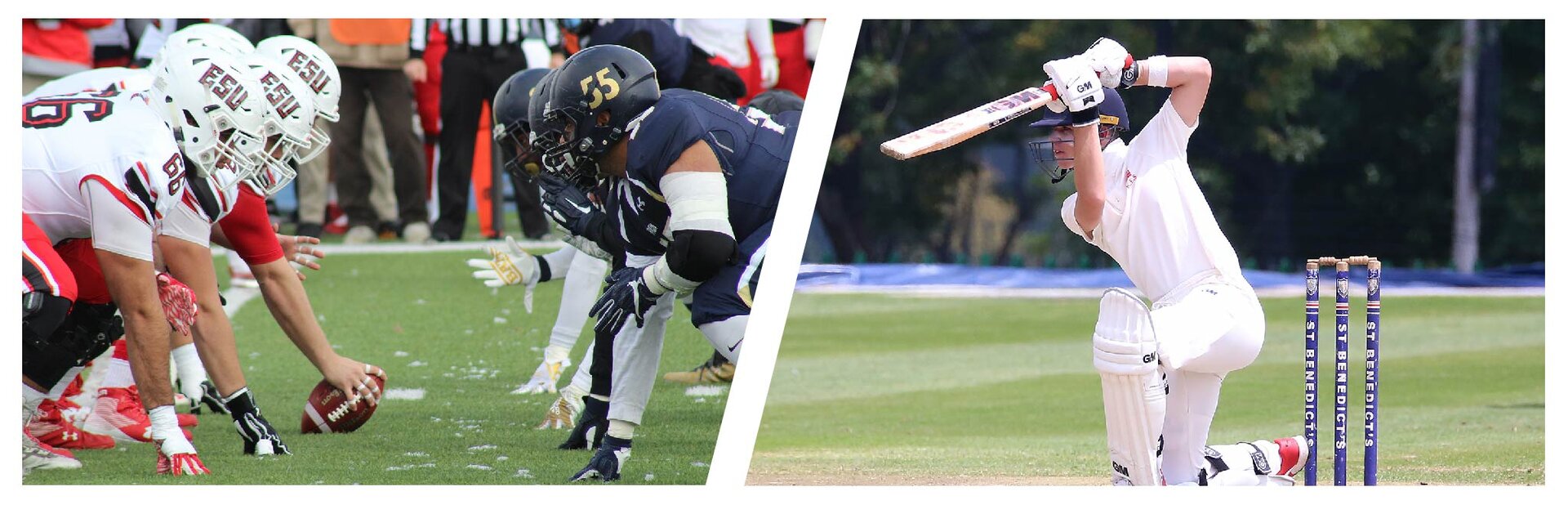 Grafika przedstawia zestawienie dwóch zdjęć prezentujących różne dyscypliny sportowe. Po lewej stronie widoczna jest scena z futbolu amerykańskiego – zawodnicy w kaskach i ochraniaczach pochylają się nad owalną piłką, przygotowując się do gry. Po prawej stronie ukazano zawodnika krykieta, ubranego w biały strój sportowy, duże rękawice, kask oraz ochraniacze na nogach. Zawodnik trzyma uniesiony kij, gotowy do odbicia nadchodzącej piłki.