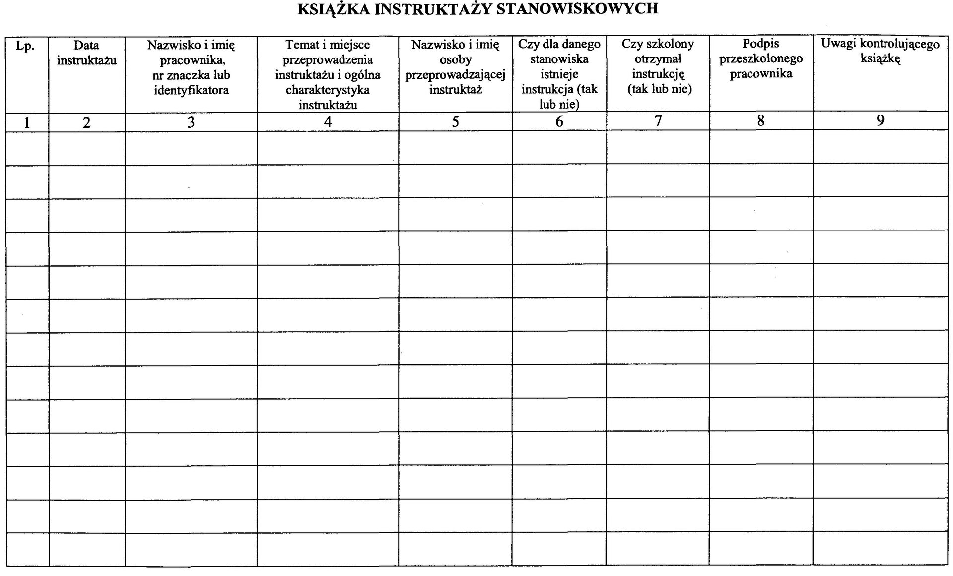 Ilustracja. Ilustracja przedstawia stronę z książki instruktaży stanowiskowych. Książka instruktaży stanowiskowychLiczba porządkowaData instruktażuNazwisko i imię pracownika, nr znacznika lub identyfikatoraTemat i miejsce przeprowadzenia instruktażu i ogólna charakterystyka instruktażuNazwisko i imię osoby przeprowadzającej instruktażCzy dla danego stanowiska istnieje instrukcja (tak lub nie)Czy szkolony otrzymał instrukcję (tak lub nie)Podpis przeszkolonego pracownikaUwagi kontrolującego książkę123456789Do uzupełnieniaDo uzupełnieniaDo uzupełnieniaDo uzupełnieniaDo uzupełnieniaDo uzupełnieniaDo uzupełnieniaDo uzupełnieniaDo uzupełnienia