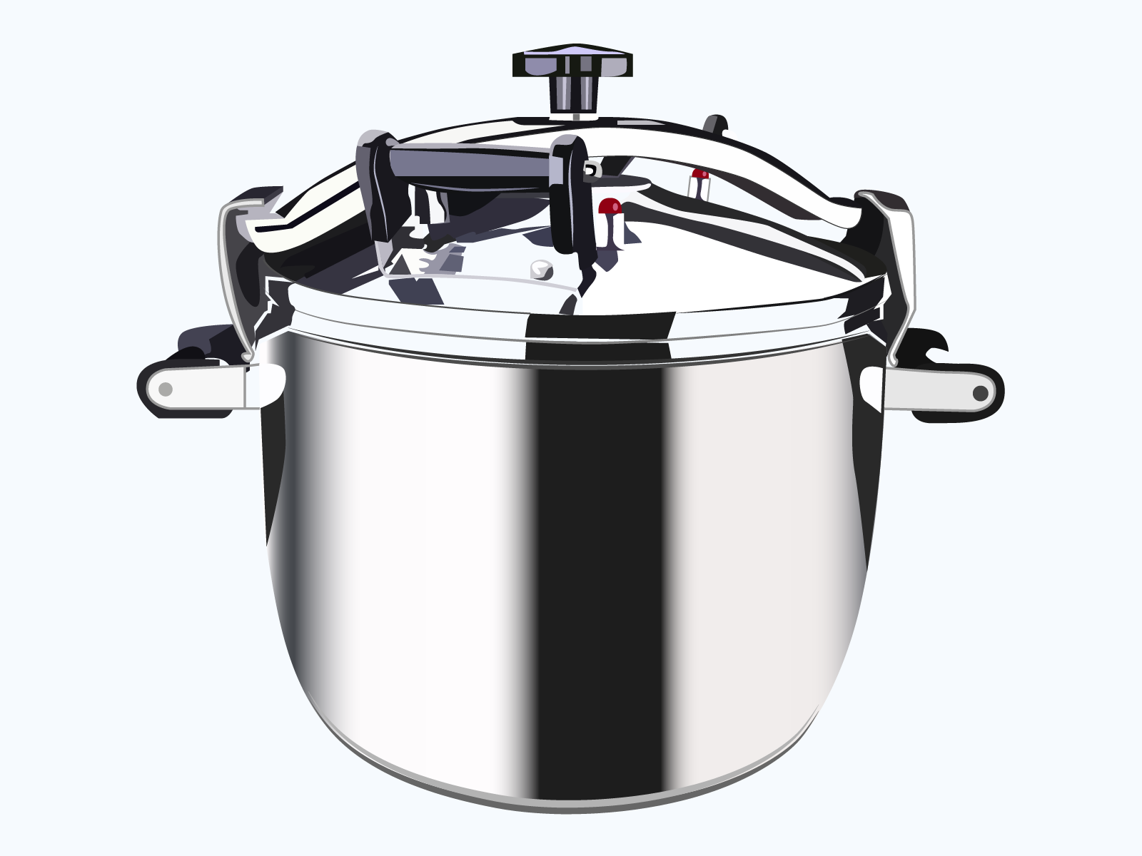 Ilustracja przedstawia szybkowar, przypominający duży, metalowy garnek. Na jego pokrywce znajdują się dwie czarne rączki, wystające czerwone zaślepki i zapinaną na klips podłużną nakładkę. Po boku są dwa dodatkowe czarne uchwyty. 
