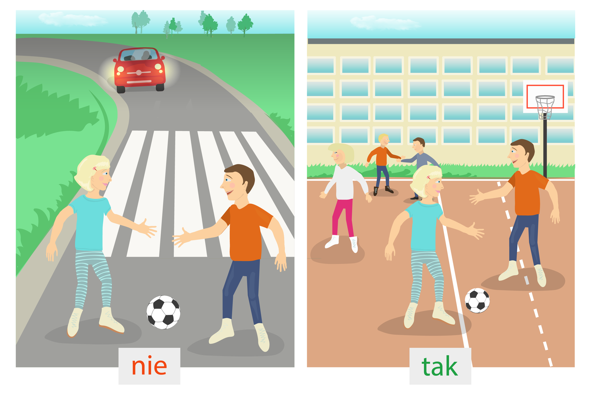 Trzeci rysunek: po lewej stronie dzieci grają w piłkę przy jezdni. Po prawej stronie dzieci grają w piłkę na boisku lub placu zabaw.