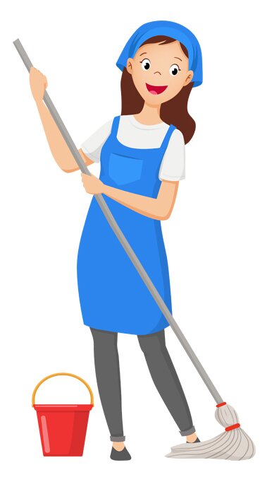 Ilustracja przedstawia sprzątaczkę z mopem