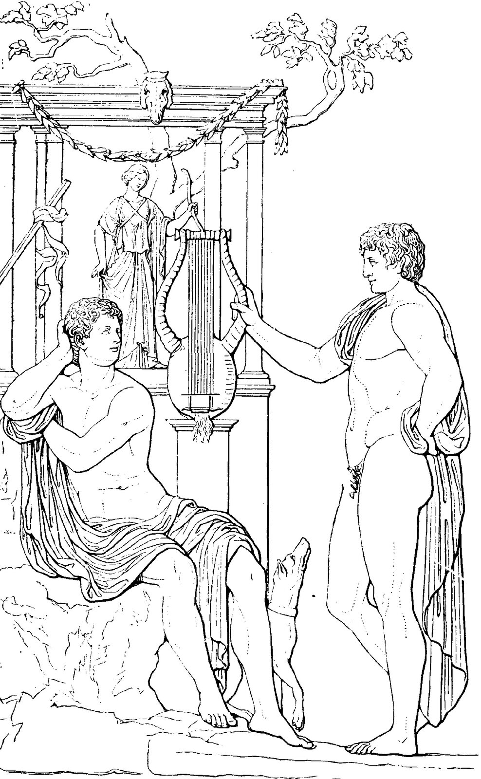 Ilustracja nieznanego autora przedstawia dwie postaci rozmawiające w pomieszczeniu.  Jeden z mężczyzn (Zeus) jest nagi, stoi przy kolumnie na której widoczny jest instrument muzyczny, ma krótkie kręcone włosy, oraz długą pelerynę przewieszoną przez ramię. Na twarzy mężczyzny widoczny jest lekki uśmiech. Drugi z mężczyzn (Amfion) siedzi na kamieniu, również jest nagi, jednak peleryna okrywa jego genitalia. Mężczyzna również ma krótkie włosy, a jego sylwetka jest atletyczna. Pomiędzy rozmawiającymi mężczyznami znajduje się pies, który spogląda na stojącą postać. W tle widoczna jest postać kobiety, która przygląda się scenie rozmowy. 