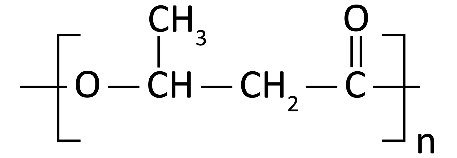 Ilustracja przedstawia wzór półstrukturalny fragmentu cząsteczki. Wzór znajduje się w nawiasie kwadratowym, jest n razy wzięty. Zbudowany jest między innymi z grupy CH, grupy metylenowej, metylowej, atomu węgla połączonego wiązaniem podwójnym z atomem tlenu, z atomu tlenu połączonego z grupą CH.  