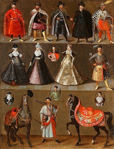 Ilustracja przedstawia rodzaje strojów szlachty polskiej – ubrań dla mężczyzn, kobiet, rycerzy, duchownych. Mężczyźni nosili różnokolorowe szaty oraz nakrycia głowy i wysokie buty. Kobiety nosiły rozkloszowane suknie w stonowanych kolorach. Konie także były bogato przyozdobione – w złote siodła, łańcuszki, pióropusze. 