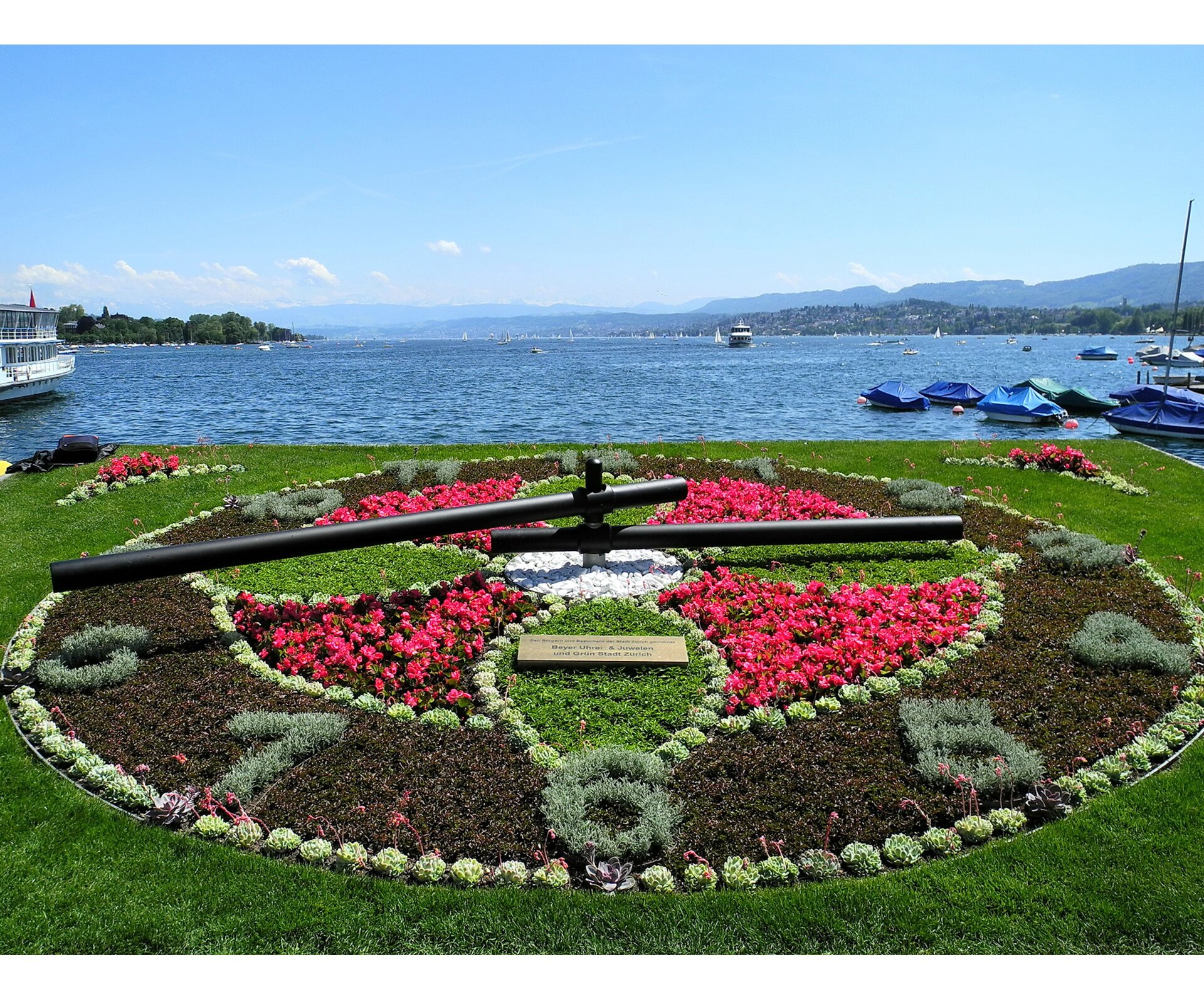 Fotografia przedstawia zegar, którego tarczą są specjalnie ułożone rośliny rosnące na rabacie.