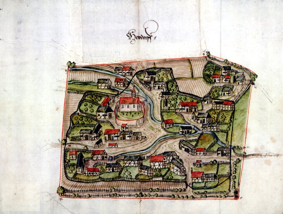 Widok niemieckiej wsi Heudorf w XVI wieku Widok niemieckiej wsi Heudorf w XVI wieku Źródło: domena publiczna.