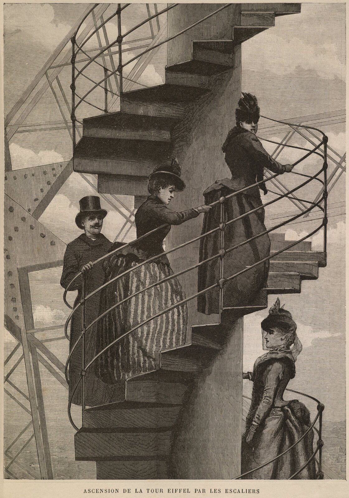 Wspinaczka po schodach na wieżę Eiffla Źródło: Wspinaczka po schodach na wieżę Eiffla, 1889, grawerunek, Brown University Library, domena publiczna.