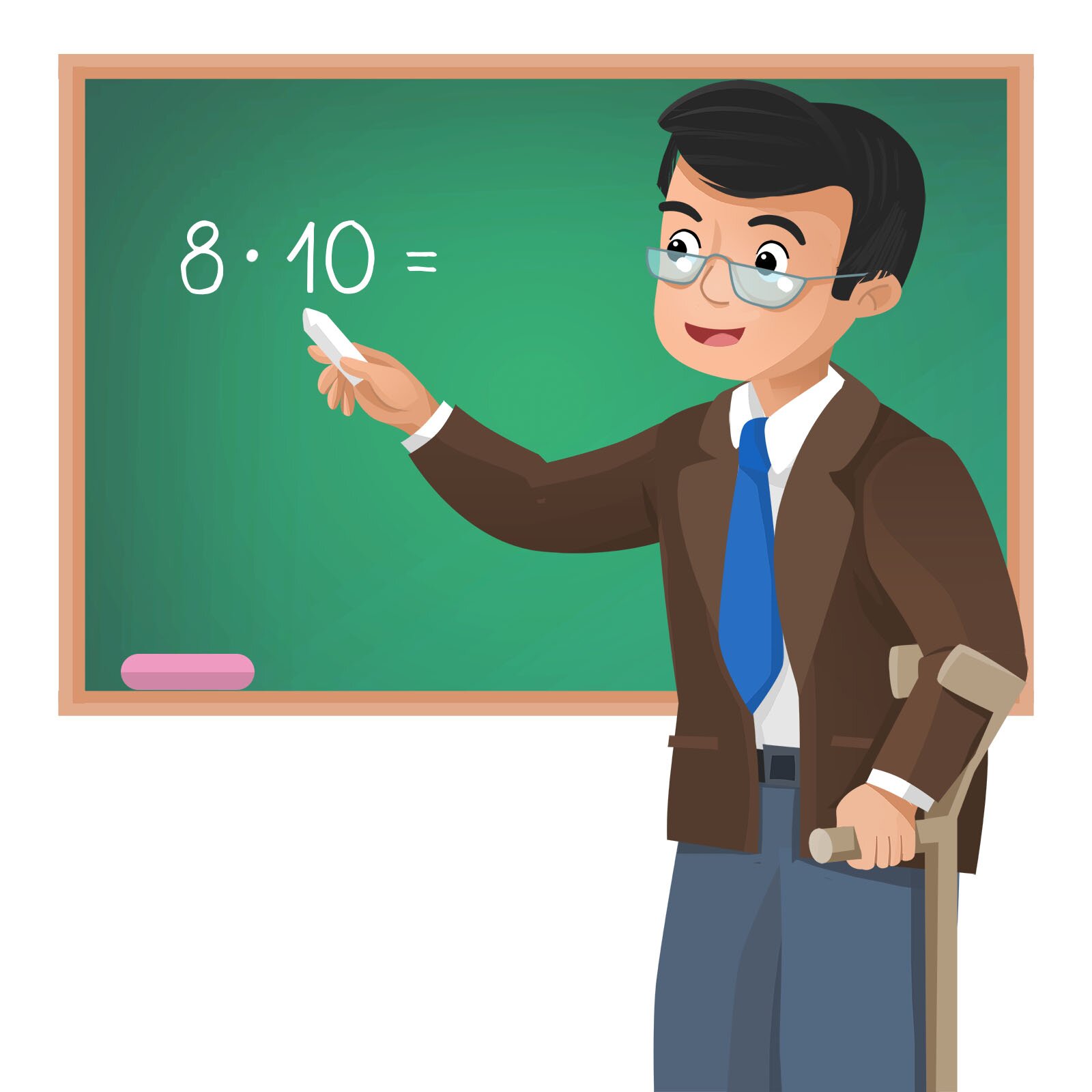 Ilustracja przedstawia nauczyciela wspierającego się na kuli. Stoi on przy tablicy.