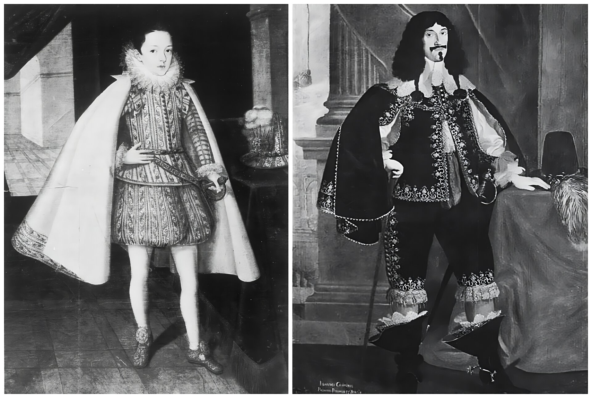 Ilustracja składa się z dwóch obrazów. Ilustracja z lewej przedstawia portret trzynastoletniego królewicza Jana Kazimierza w stroju hiszpańskim. Ubrany jest w atłasowy wams z baskinką od pasa, zapinany z przodu na rząd małych guzików, bufiaste, podwatowane spodenki, jedwabne pończochy oraz półbuty ozdobione klejnotami. Po lewej stronie ma szablę przytwierdzoną do pasa. Całość ubioru dopełnia peleryna narzucona na ramiona. Na stoliku po prawej stronie nakrytym aksamitnym obrusem jest ozdobny kapelusz z egretą z klejnotów i piór. Na prawo sylwetka królewicza Jana Kazimierza w wieku około 21 lat. Królewicz nosi perukę z dwoma warkoczykami. Ma hiszpańską bródkę i sumiaste wąsy. Ubrany jest w atłasową koszulę z koronkowymi rękawami i dużym, koronkowym kołnierzem. Na nią królewicz założył połączony z peleryną aksamitny kaftan ozdobiony haftem. Na szyi ma łańcuch z klejnotami. Królewicz nosi ozdobione haftem i koronką aksamitne spodnie do kolan oraz wysokie buty z ostrogami, również ozdobione koronką. Po lewej stronie ma przypięty do pasa rapier. Lewą dłoń położył na stoliku, na którym leży wysoki kapelusz ozdobiony piórem. Prawa dłoń przyłożona jest do boku.