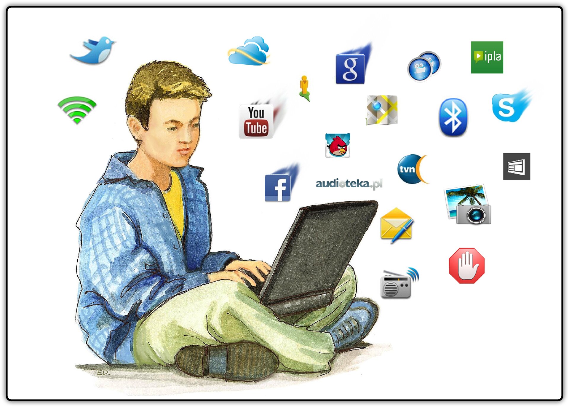 Ilustracja przedstawia siedzącego chłopca, który trzyma na kolanach laptop, a wokół niego znajdują się różne ikony, między innymi ikona Facebooka, Wifi, Twittera, Youtube, Ipla, Bluetooth, Skype.