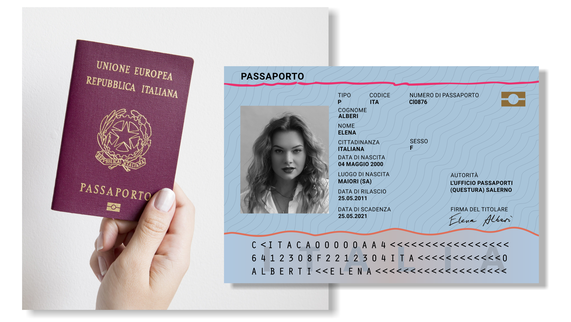 Ilustracja składa się z dwóch zdjęć. Na zdjęciu po lewej znajduje się włoski paszport trzymany przez kogoś w dłoni. Widoczna jest okładka paszportu. Zdjęcie po prawej stronie przedstawia stronę z paszportu zawierającą zdjęcie i dane osobowe.