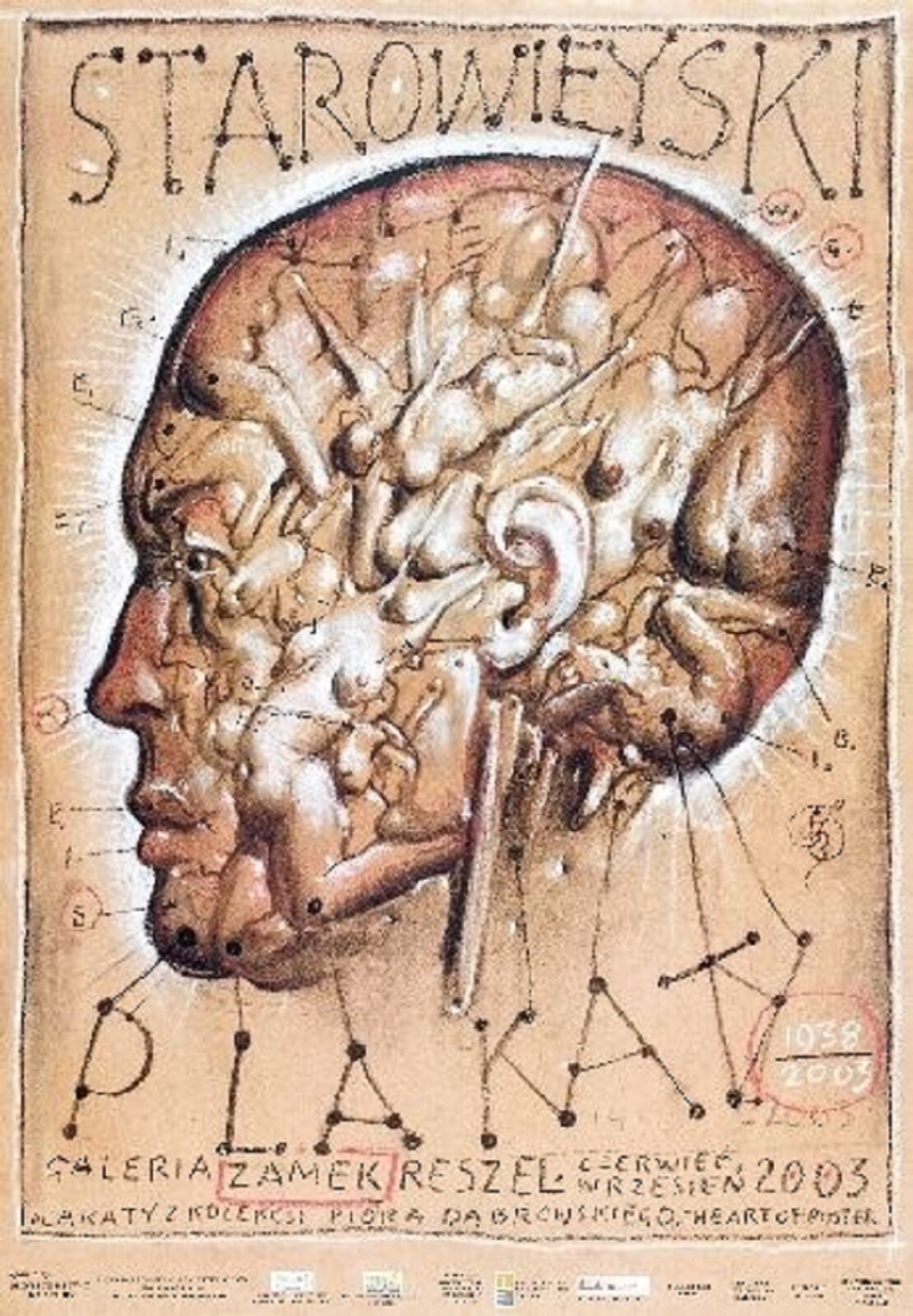 Ilustracja przedstawia plakat „Starowieyski - Galeria Refektarz Kartuzy”, autorstwa Franciszeka Starowieyskiego. Na jasno-beżowym tle znajduje się rysunek ludzkiej głowy z zaznaczonymi na niej punktami, od których biegną linie w kierunku małych literek. W kształt głowy wpisane zostały sylwetki nagich kobiecych torsów. Na górze grafiki umieszczono duży napis „STAROWIEJSKI”. Poniżej głowy znajduje się napis „PLAKATY” oraz opis wydarzenia wykonane brązową czcionką.