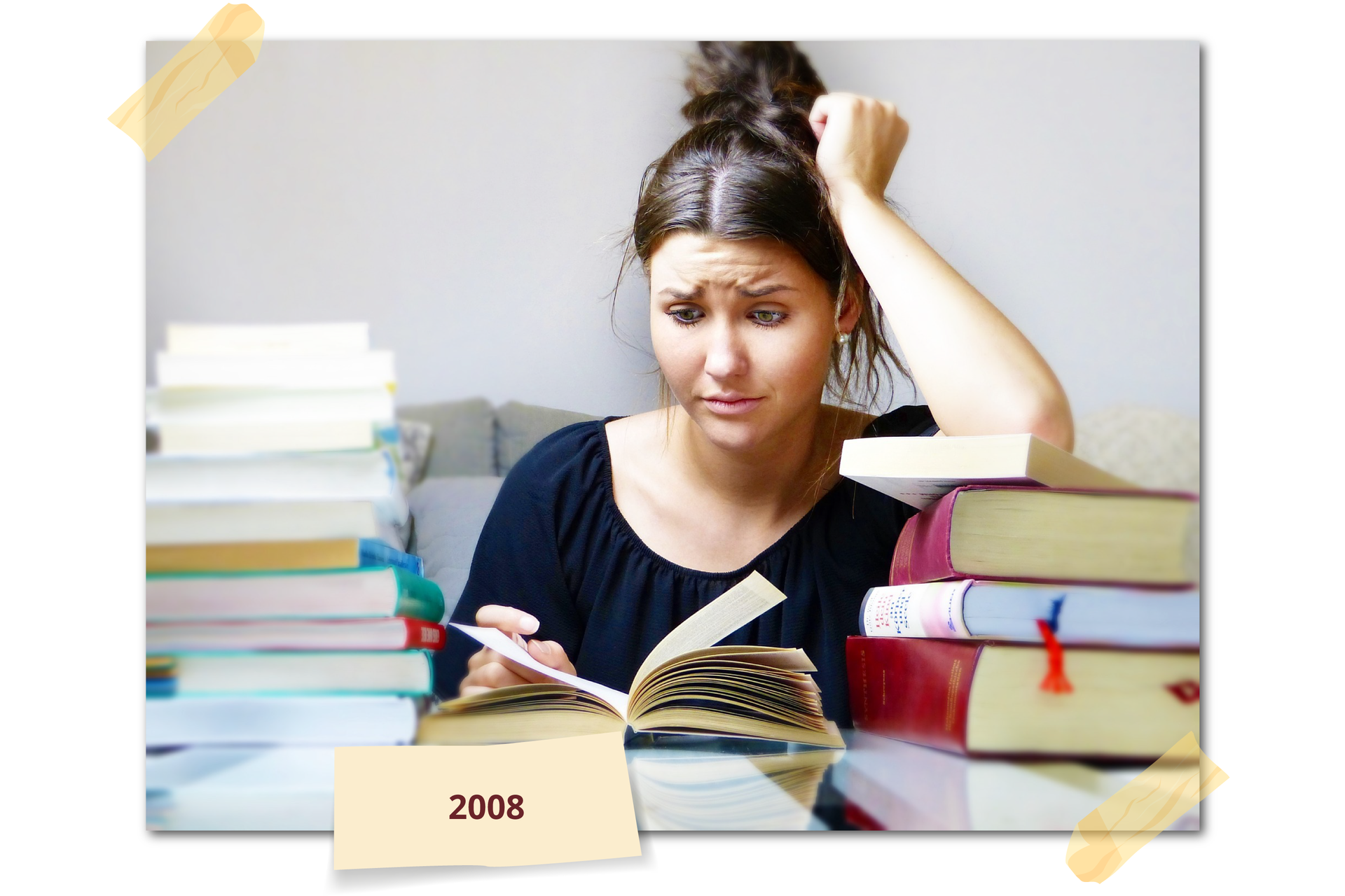 Ilustracja przedstawia dziewczynę siedzącą przy biurku zastawionym stosami książek. Jedna z nich jest otwarta. Dziewczyna ma zmarszczone czoło. Rok: 2008.