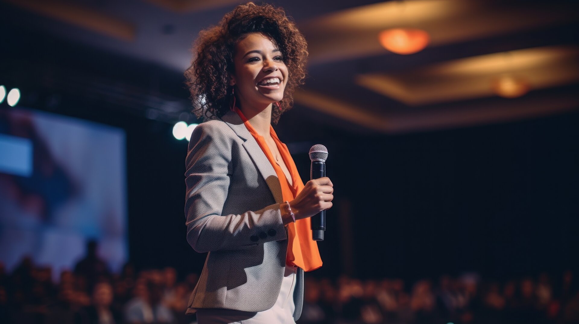 Zdjęcie przedstawia kobietę, która stoi na scenie z mikrofonem w ręce. Uśmiecha się. Ma na sobie marynarkę i pomarańczową chustę. W tle siedzi widownia.