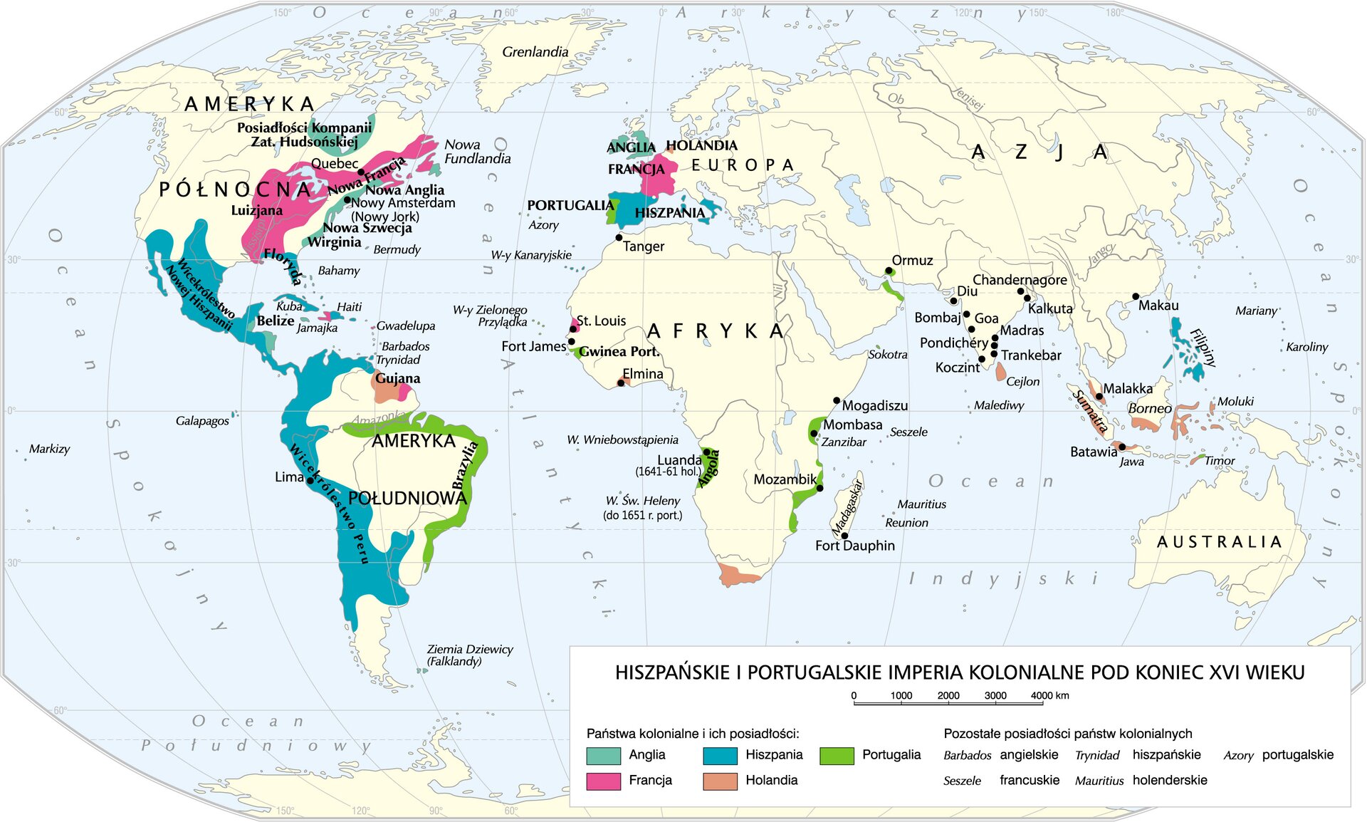 Kliknij, aby powiększyć Na mapie zaznaczono:
Państwa kolonialne i ich posiadłości:
Anglia:
obecne tereny Wielkiej Brytanii, Szwecji, posiadłości Kompanii Zatoki Hudsońskiej, Nowa Funlandia,
Nowa Anglia, Nowy Amsterdam, Nowa Szwecja
Wirginia, Belize, Ziemia Dziewicy (Falklandy),
Barbados, Gujana,
Francja:
Nowa Francja, Luizjana, część Haiti, część Gujany, St. Louis - Afryka, Gwadelupa, Seszele
Hiszpania:
Floryda, Wicekrólestwo Nowej Hiszpanii, Wicekrólestwo Peru, cała Zachodnia Ameryka Południowa, południe Półwyspu Apenińskiego,
Filipiny, część Haiti , Kuba, Trynidad,
Holandia:
część Gujany, południe Afryki (cypel) Cejlon, Sumatra, Batavia, część Timoru, Malakka, część Borneo, Moluki, , Mauritius,
Portugalia:
wschodnie wybrzeże Ameryki Południowej - Brazylia i tereny nad Amazonką, Angola w Afryce,
Mozambik w Afryce, Gwinea Portugalska w Afryce,
Mombasa w Afryce, część Timoru, Ormuz w Azji, Azory
