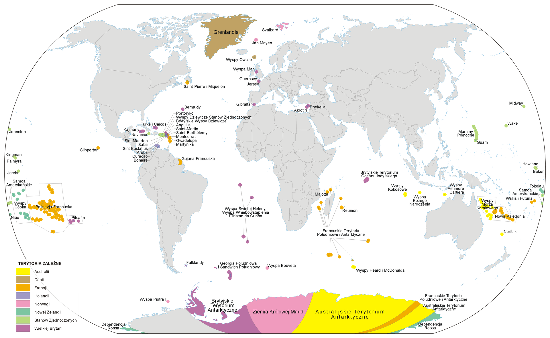 Na ilustracji mapa świata w owalnym kształcie. Lądy szare, morza białe. Kolorami zaznaczono terytoria zależne. Żółte – Australia, brązowe – Dania, pomarańczowe – Francja, fioletowe – Holandia, różowe – Norwegia, zielone – Nowa Zelandia, seledynowe – Stany Zjednoczone, śliwkowe – Wielka Brytania. Kolorami oznaczono głównie archipelagi małych wysepek oraz Grenlandię (brąz) i Antarktyda (różne kolory).