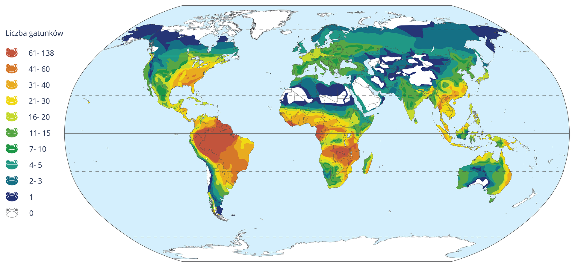 Ilustracja przedstawia mapę świata. Na sylwetkach kontynentów kolorami oznaczono liczbę gatunków płazów zgodnie z legendą po lewej stronie. Schematyczne „buźki” płazów mają uśmiech tym większy, im więcej gatunków symbolizują. Od góry barwy symboli wskazują liczebność gatunków: od czerwonej (najwięcej) przez pomarańczową i żółtą, zielone, niebieskie, granatową do białej (brak płazów).