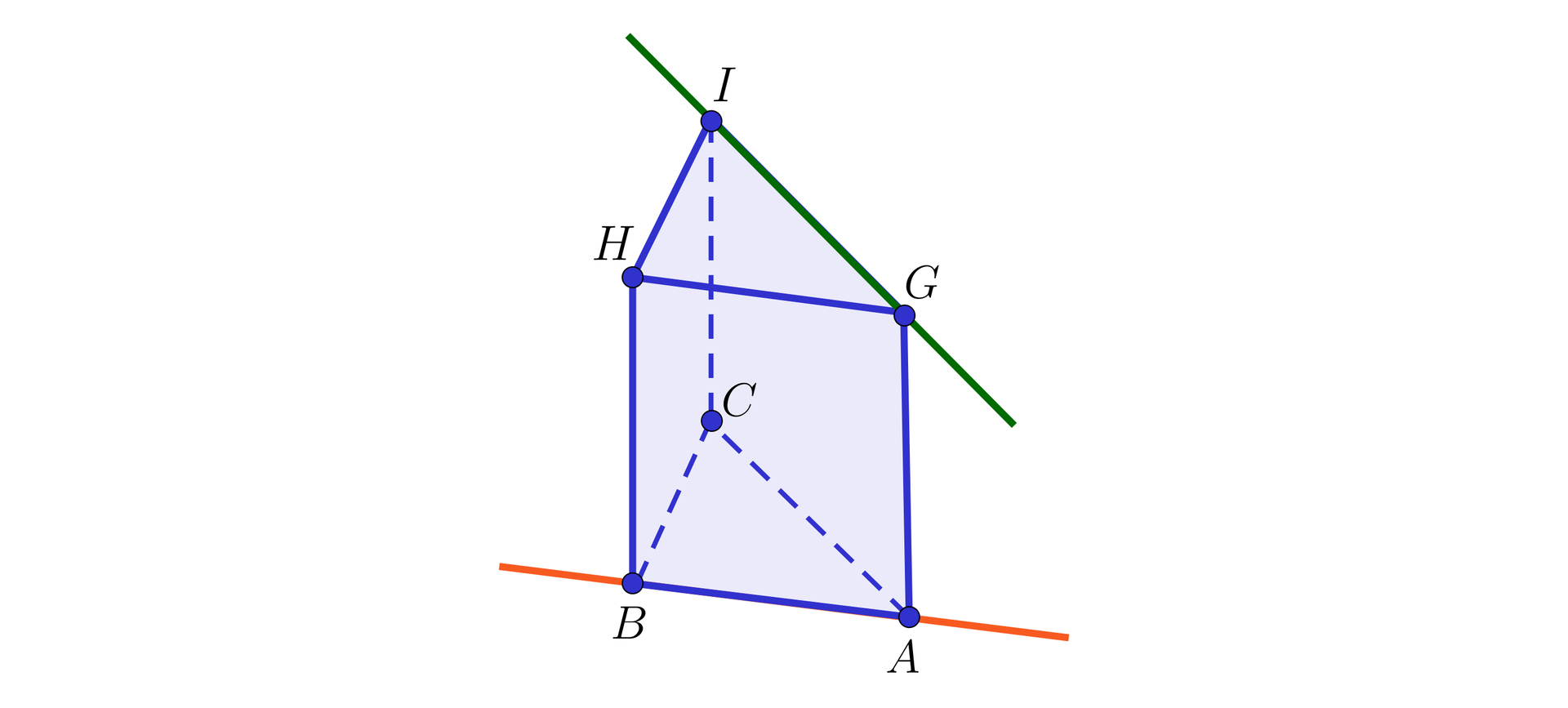 Ilustracja przedstawia graniastosłup trójkątny A B C G H I, gdzie wierzchołek H znajduje się nad B, wierzchołek I nad C, wierzchołek G nad A. Przez krawędź A B poprowadzona została pomarańczowa prosta, natomiast przez krawędź I G została poprowadzona zielona prosta.