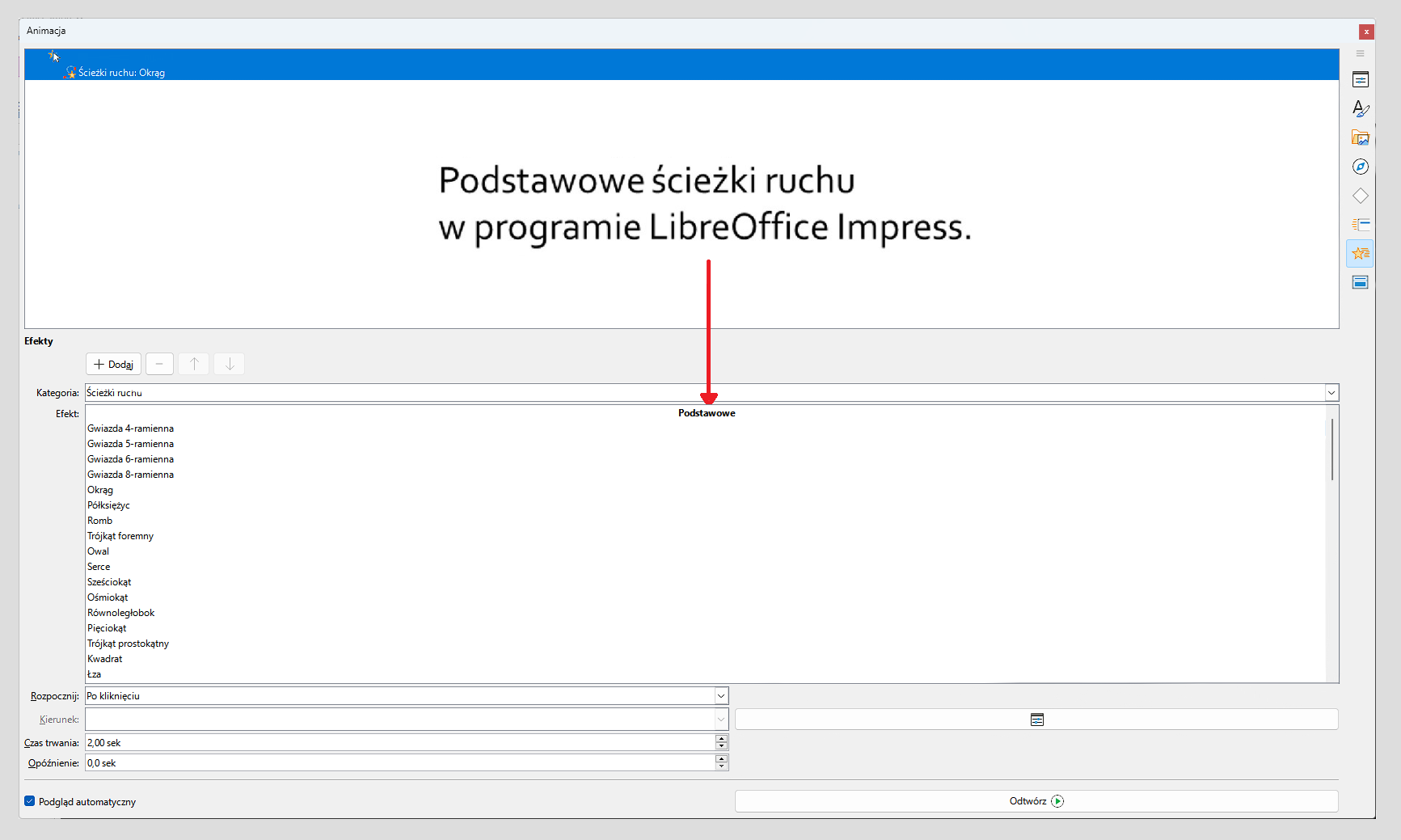 Zrzut ekranu z podstawowymi efektami ścieżek ruchu w programie LibreOffice Impress. Obok treść: "Podstawowe ścieżki ruchu w programie LibreOffice Impress".