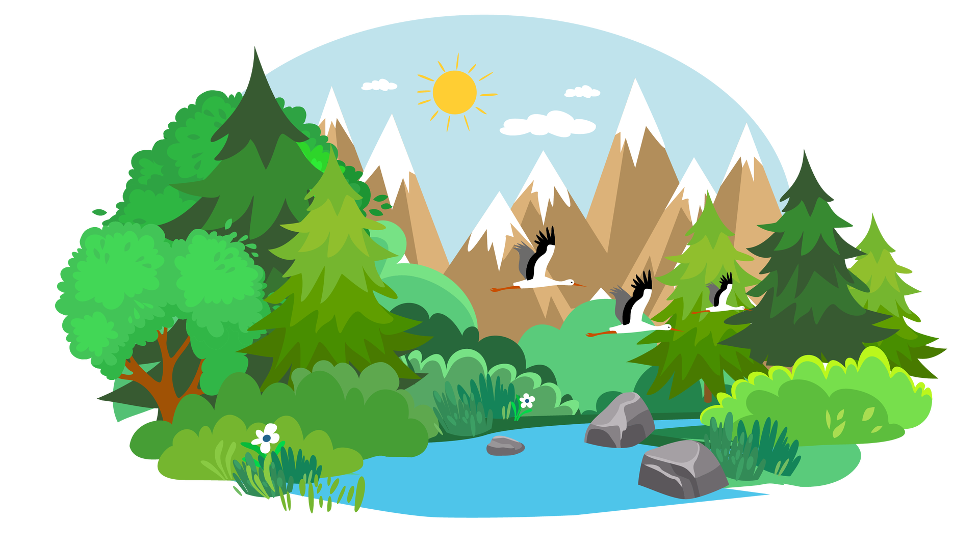 Ilustracja przedstawia krajobraz górski. W oddali widać wysokie brązowe góry o ośnieżonych szczytach na tle błękitnego nieba ze słońcem i pojedynczymi chmurami. Dookoła rozciąga się teren porośnięty bujną zielenią z licznymi krzewami oraz drzewami iglastymi i liściastymi. Na pierwszym planie znajduje się fragment rzeki. Gdzieniegdzie leżą w wodzie pojedyncze szare kamienie, a na brzegu rosną dwa białe kwiaty. Nad wodą widać trzy bociany w locie. Są to ptaki o biało‑czarnym upierzeniu oraz długich czerwonych dziobach i długich czerwonych nogach.