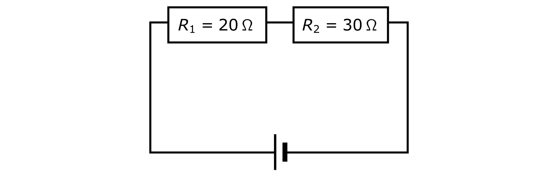 Ilustracja przedstawia schemat połączenia szeregowego. Obwód prostokątny. Na środku dolnego boku symbol źródła napięcia, z biegunem dodatnim z lewej strony a biegunem ujemnym z prawej. Na górnym boku dwa oporniki. Opornik z lewej strony opisany: R z indeksem dolnym jeden równa się dwadzieścia omega. Opornik z prawej strony opisany: R z indeksem dolnym dwa równa się trzydzieści omega.