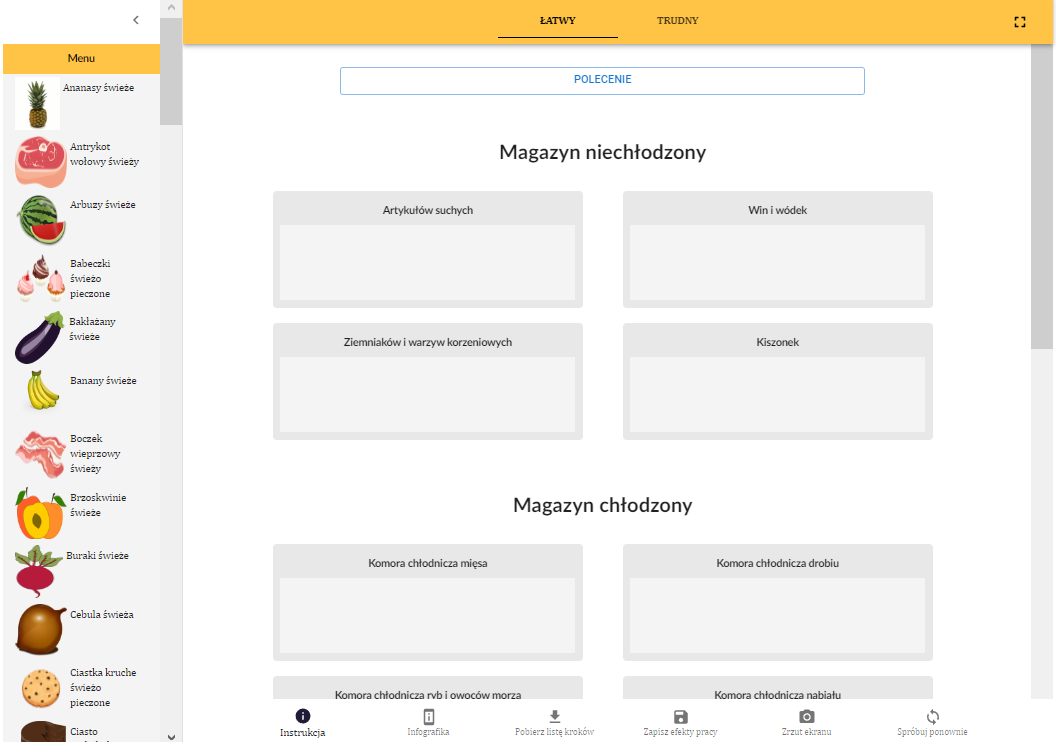 Grafika przedstawia widok początkowy programu ćwiczeniowego zatytułowanego Rozmieszczanie surowców żywnościowych oraz wyrobów gotowych w magazynach, przed rozpoczęciem zadania.