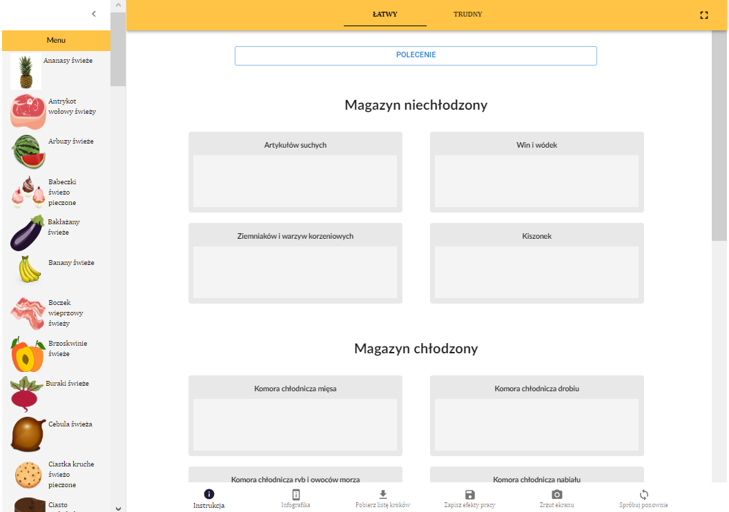 Grafika przedstawia widok początkowy programu ćwiczeniowego zatytułowanego Rozmieszczanie surowców żywnościowych oraz wyrobów gotowych w magazynach, przed rozpoczęciem zadania. 