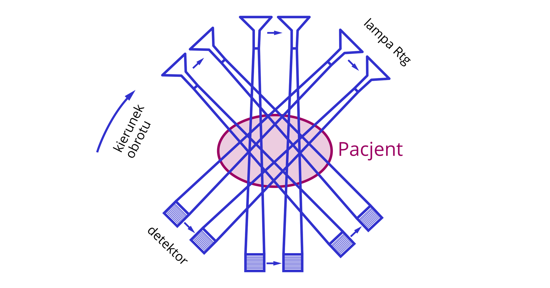 Ilustracja przedstawia schemat działania lampy RTG przechodzącej przez schemat pacjenta. Przy użyciu detektora  oraz ustawiając kierunek obrotu w prawo. 