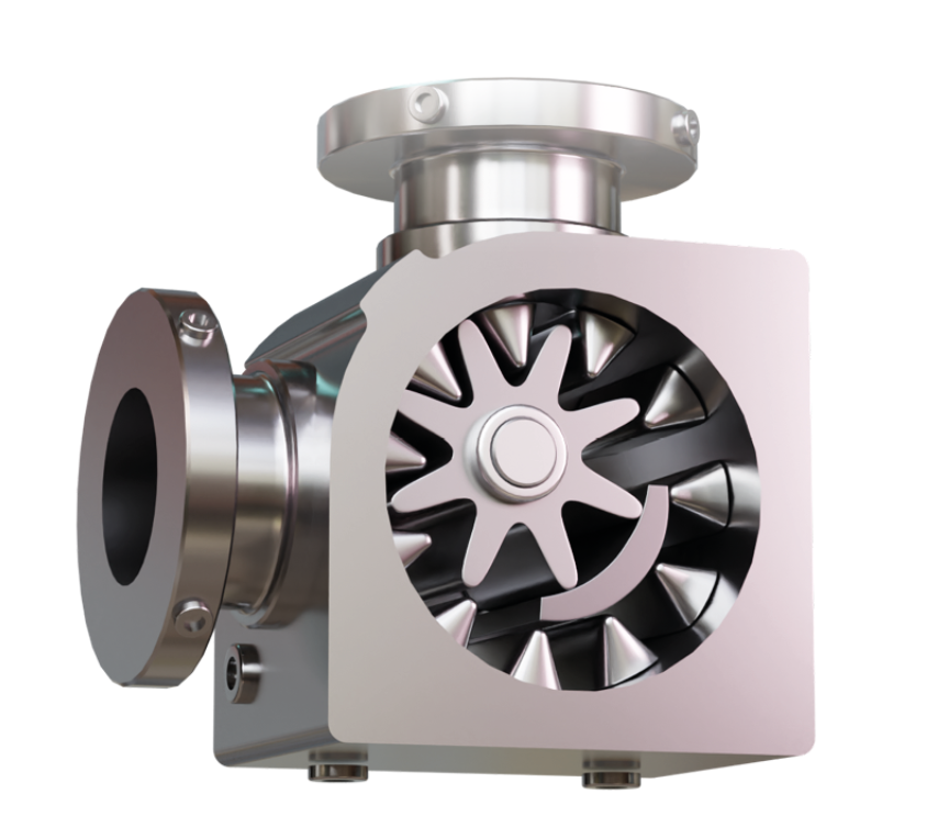 Na ilustracji jest pompa zębata. Przedstawia metalowy sześcian. W górnej ścianie i w lewej znajdują się otwory. Przednia ściana została odsłonięta, ukazując duże koła zębate.