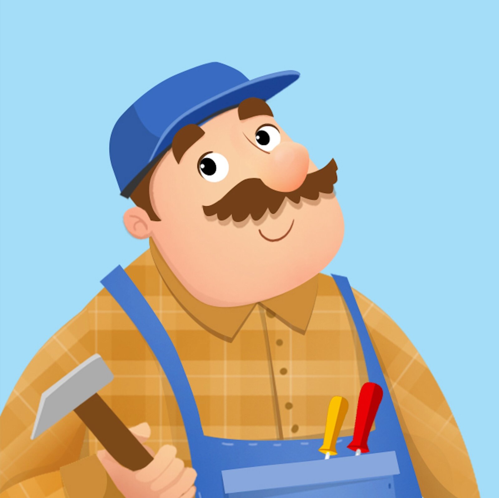 Ilustracja przedstawia konserwatora z młotkiem w ręku. W kieszeniach ma śrubokręty.