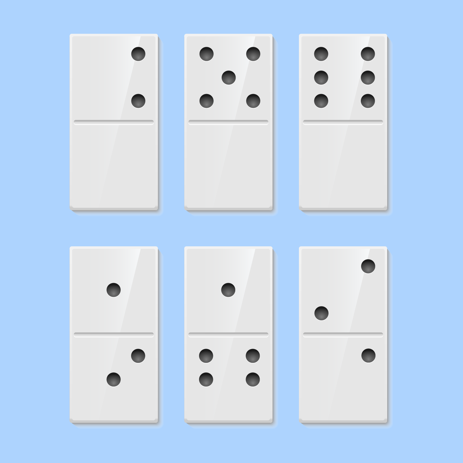 Ilustracja przedstawia 6 kostek domino. Są to prostokąty podzielone linią na pół. Pierwsza kostka, ma puste pole oraz pole z dwoma oczkami. Druga kostka ma puste pole oraz pole z pięcioma oczkami. Trzecia kostka ma puste pole oraz pole z sześcioma oczkami. Czwarta kostka ma pole z dwoma oczkami i pole z jednym oczkiem. Piąta kostka ma pole z czterema oczkami i pole z jednym oczkiem. Szósta kostka ma pole z jednym oczkiem oraz pole z dwoma oczkami.