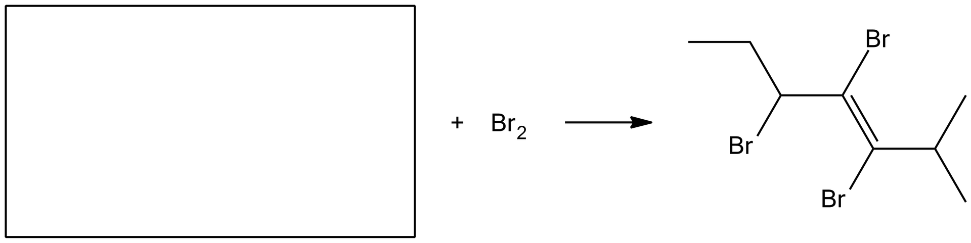 Ilustracja przedstawia fragment równania reakcji. W miejscu pierwszego substratu jest puste pole. Za pustym polem jest znak dodawania, jedna cząsteczka bromu Br indeks dolny 2, strzałka w prawo. Produktem tej reakcji jest wzór kreskowy 3,4,5-tribromo-2-metylo-hept-3-en.