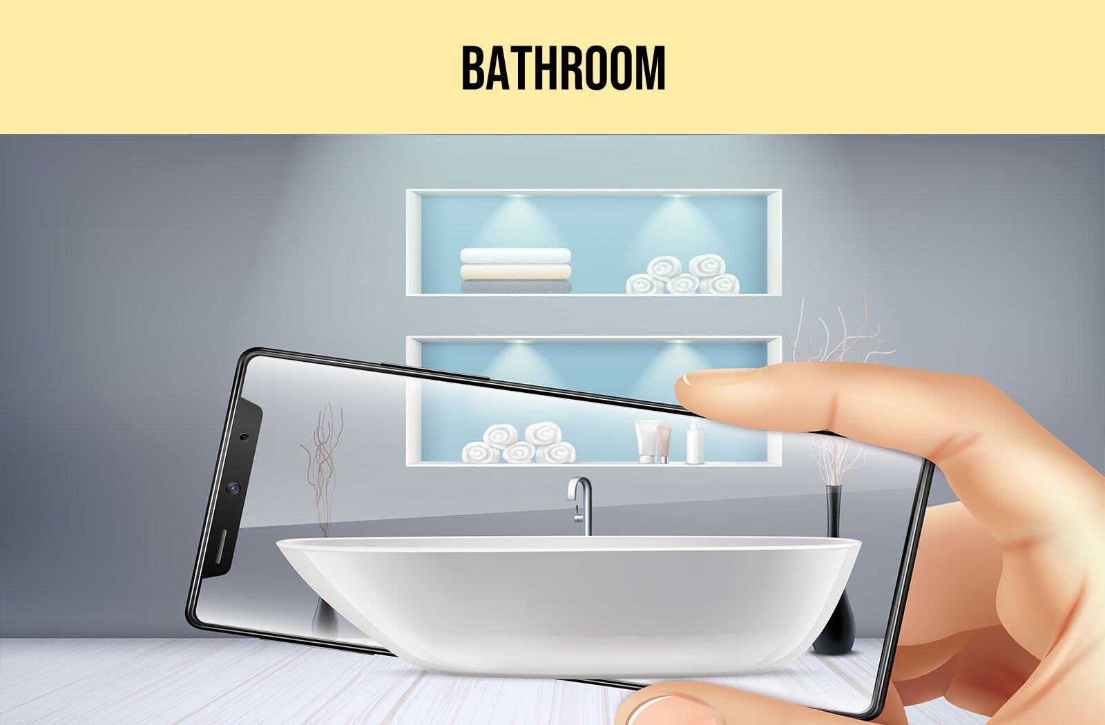 Ilustracja przedstawia dużą, białą wannę, nad którą widoczne są dwie białe półki wypełnione ręcznikami zwiniętymi w rulony oraz pojemnikami z kosmetykami. Po prawej stronie widać dłoń trzymającą telefon z transparentym ekranem, przez który widać wannę. U góry ilustracji widoczny jest napis w języku angielskim: BATHROOM.