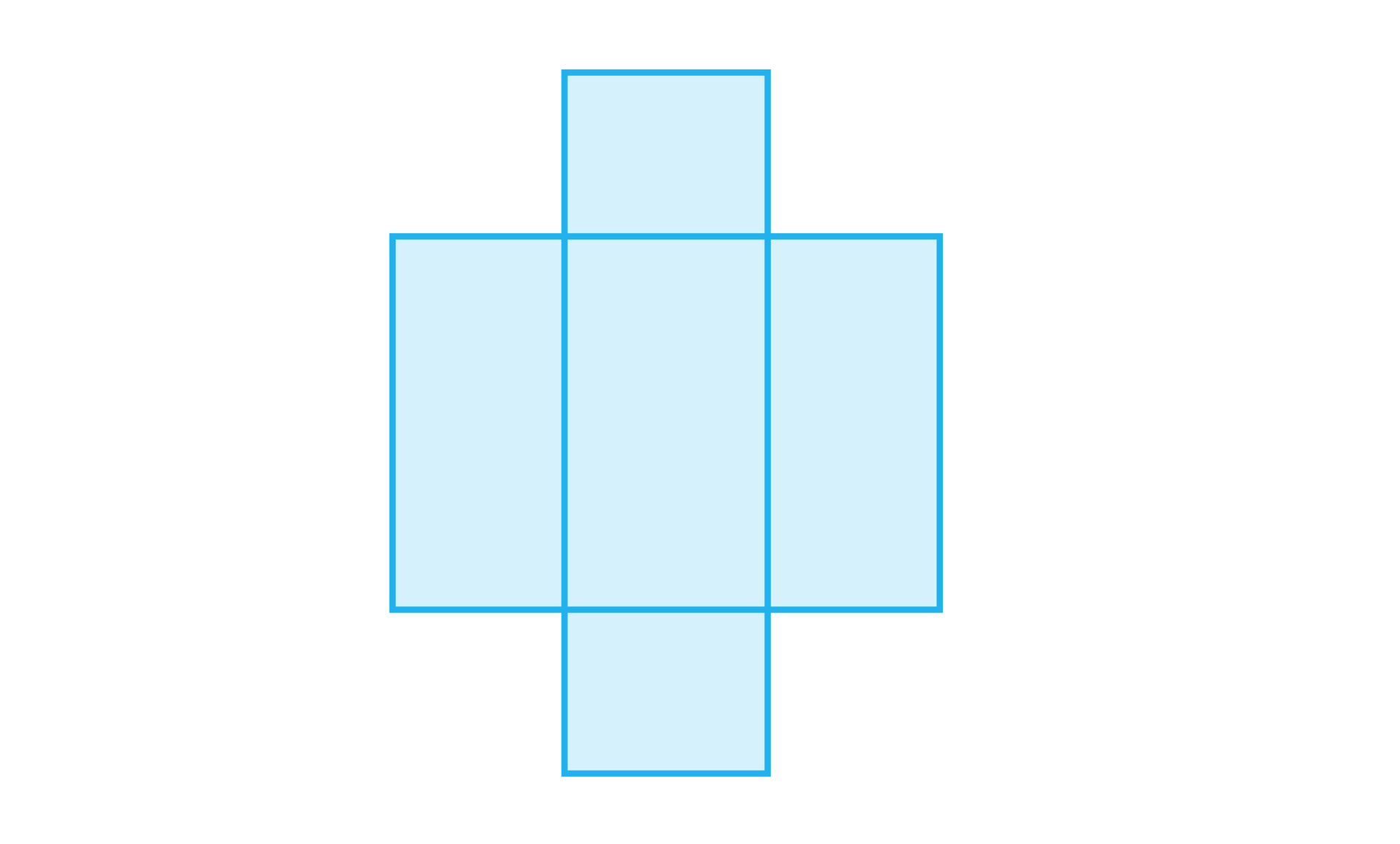 Na ilustracji przedstawiono siatkę, składającą się z trzech, przyległych do siebie prostokątów. Do górnej, oraz dolnej podstawy środkowego prostokąta przylega mniejszy prostokąt. 