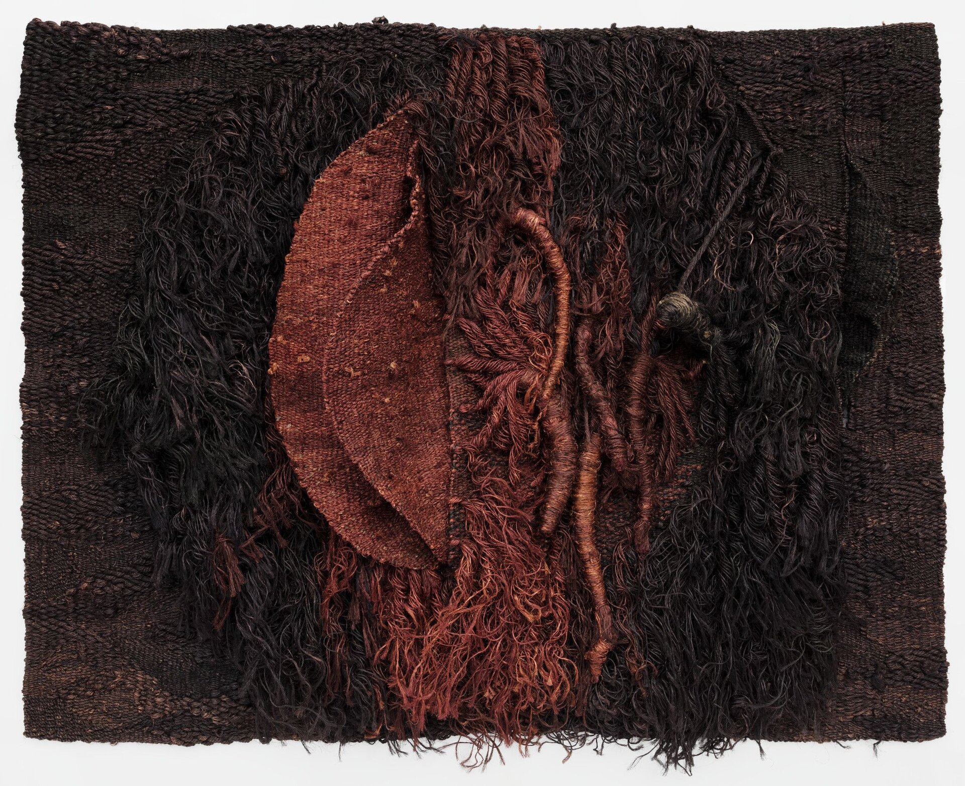 Praca Magdaleny Abakanowicz pod tytułem „Abakan 27” przedstawia prostokątny fragment tkaniny, na którym autorka umieściła nici wyglądem przypominające włosy. Nici są w dwóch kolorach – czarnym i czerwonym. Pomiędzy nićmi widoczne są dwa fragmenty materiału, o kształcie dwóch półkul – jednej większej, drugiej mniejszej.