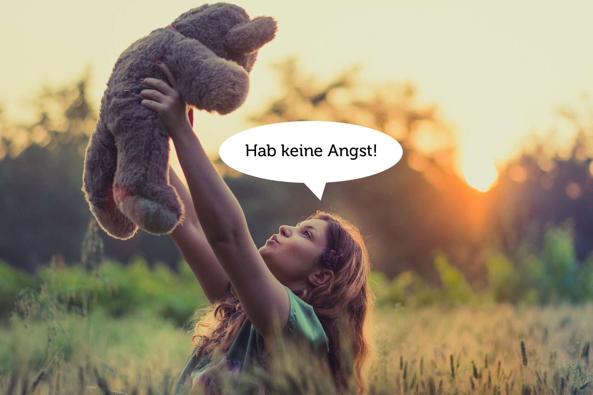 Ilustracja przedstawia dziewczynkę na łące. Dziewczynka stoi pośród traw, ma wyciągnięte ręce w górę i trzyma misia. Nad jej głową widnieje napis:  Hab keine Angst!. W oddali widać zachodzące słońce i drzewa. 