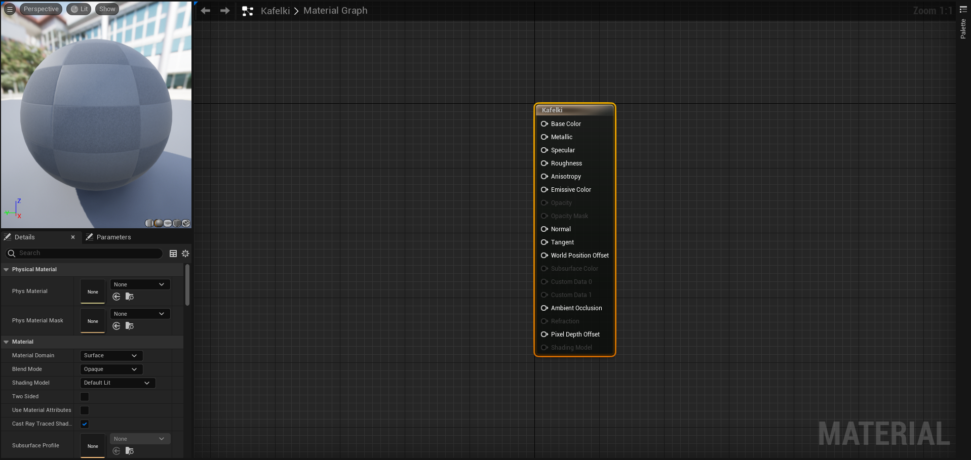 Ilustracja przedstawia zrzut ekranu - panel programu  Unreal Engine . W centralnej części znajduje się czarna przestrzeń w jasnoszarą, drobną kratkę. Pośrodku tej przestrzeni widoczna jest obwiedziona pomarańczową linią, prostokątna lista zatytułowana Kafelki z opcjami:  Base Color, Metallic, Specular, Roughness, Anisotropy, Emissive Color, , wyszarzone opcje  Opacity, Opacity Mask , opcje  Normal, Tangent, World Position Offset , wyszarzone opcje  Subsurface Color, Custom Data 0, Custom Data ] , opcja  Ambient Occlusion , wyszarzona opcja  Refraction , opcja  Pixel Depth Offset  oraz wyszarzona opcja  Shading Model . Z lewej strony znajduje się menu programu, poczynając od góry: grafika z umiejscowioną na dziedzińcu zabudowanym z dwóch stron kulą w kratkę w dwóch odcieniach szarości, poniżej dwie zakładki:  Details  i  Parameters  i okienko z napisem:  Search . Poniżej, w kolejnych linijkach znajdują się grupy opcji menu: pierwsza z nich to  Physical Materials  z opcjami:  Phys Material: None, Phys Material Mask: None ; druga z nich to:  Material  z opcjami:  Material Domain: Surface, Blend Mode: Opaque, Shading Model: Default Lit , odznaczonymi dwoma opcjami:  Two sided, Use Material Attributes , zaznaczoną opcją:  Cast Ray Traced Shading  oraz  Subsurface Profile: None .