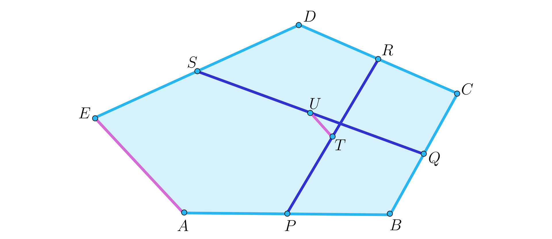 Ilustracja przedstawia pięciokąt wypukły ABCDE. Środki boków AB I CD oraz BC i DE połączono odcinkami PR I SQ których środki również połączono odcinkiem UT. 