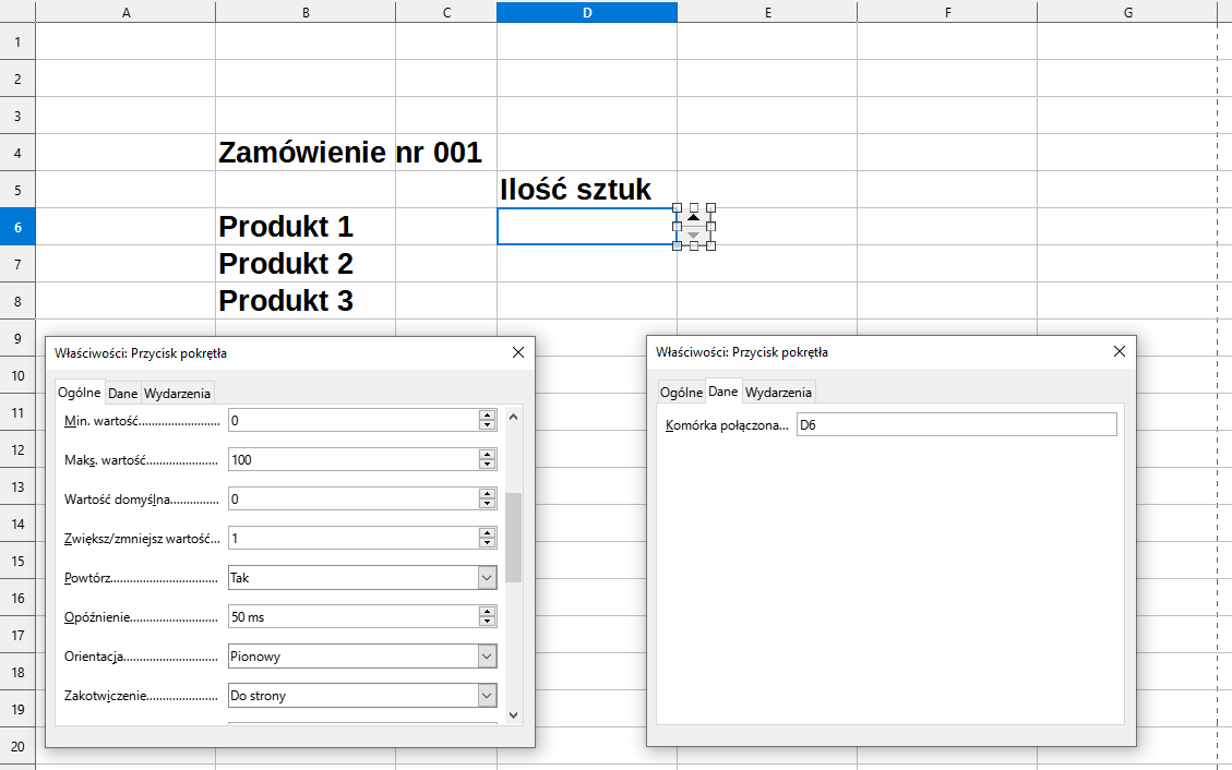 Ilustracja przedstawia arkusz. W komórkach arkusza napis: Zamówienie nr 001, poniżej Produkt 1, Produkt 2, Produkt 3. Komórka D6 jest pusta, powyżej niej napis: Ilość sztuk. Poniżej okna dialogowe. Jedno o nazwie: Właściwości - Przycisk pokrętła. Obok okno o nazwie: Przycisk pokrętła. W zakładce Dane jest opcja: Komórka połączona. W polu wpisano: D6.    