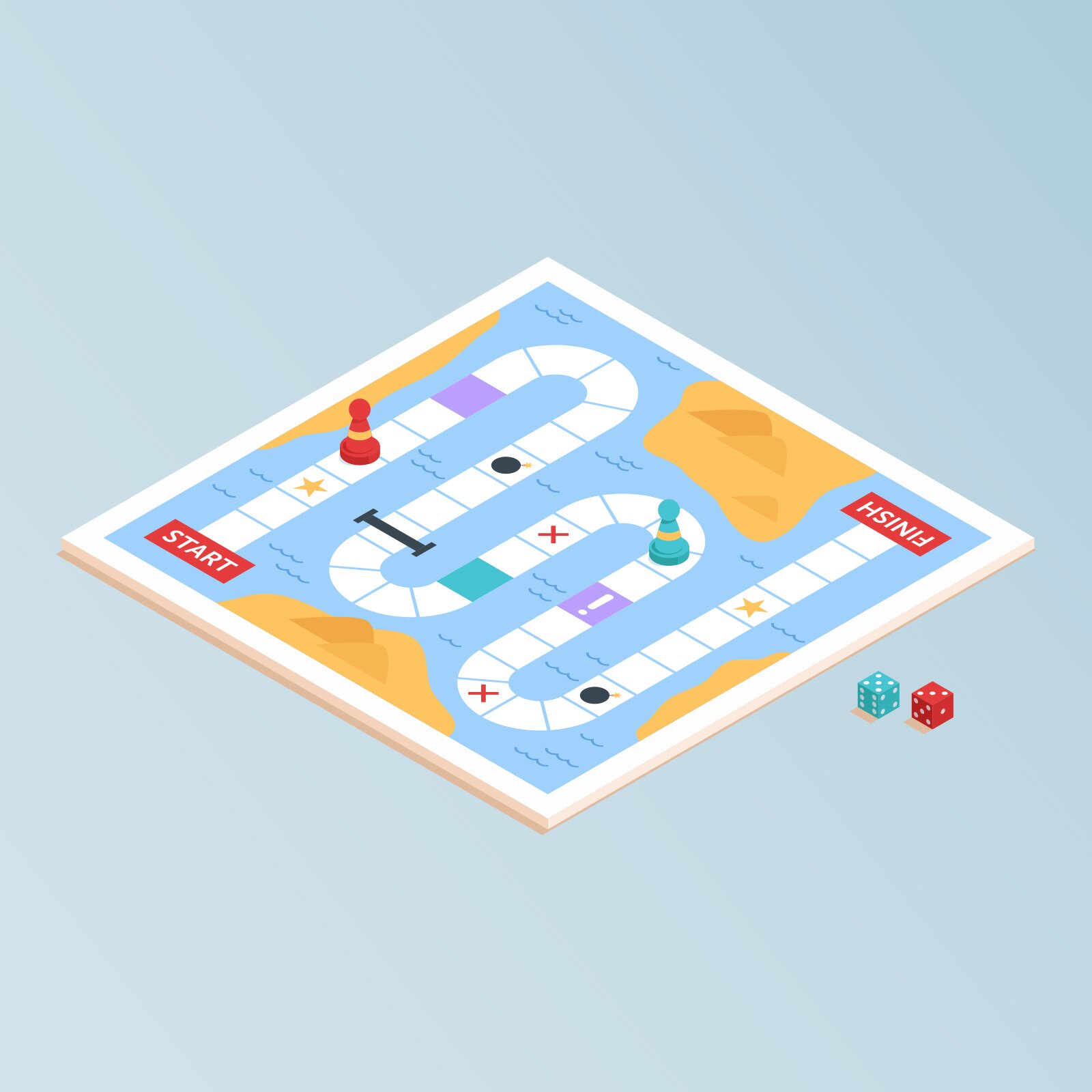 Ilustracja przedstawia grę planszową, na której znajdują się dwa pionki. Obok planszy leżą dwie kostki do gry. 