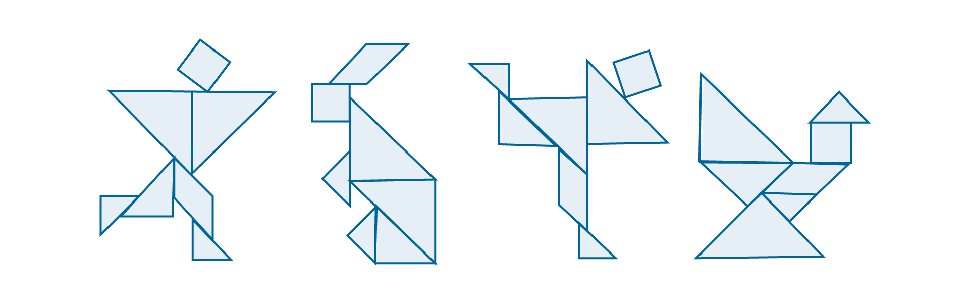 Rysunek przedstawia cztery figury, złożone ze wszystkich tanów tangramu. Widoczne krawędzie tanów.