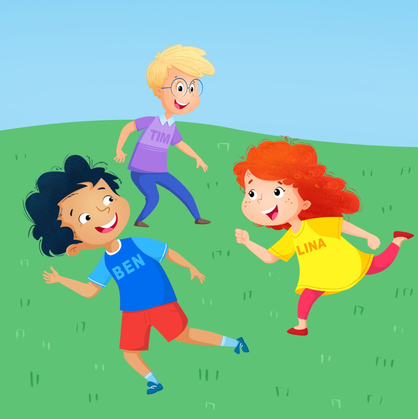 Ilustracja przedstawia Linę Bena i Tima bawiących się w berka.